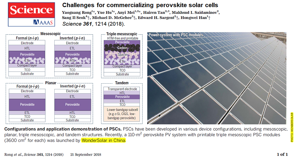 Introduction on Structure and Demonstration System of Printable Perovskite Solar Cells with an Area of 100 m².